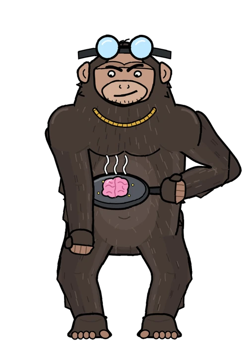 Chimp holding a frying pan with a cooked brain in it