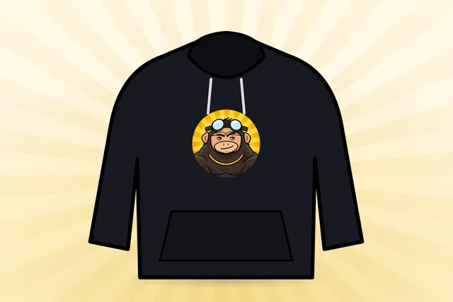 Black DopaChimp hoodie with the gold Chimp logo, concept photo