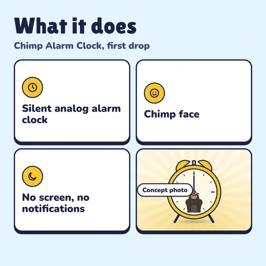 What you get with Chimp Alarm Clock: Silent analog alarm clock, Chimp face, No screen, no notifications.