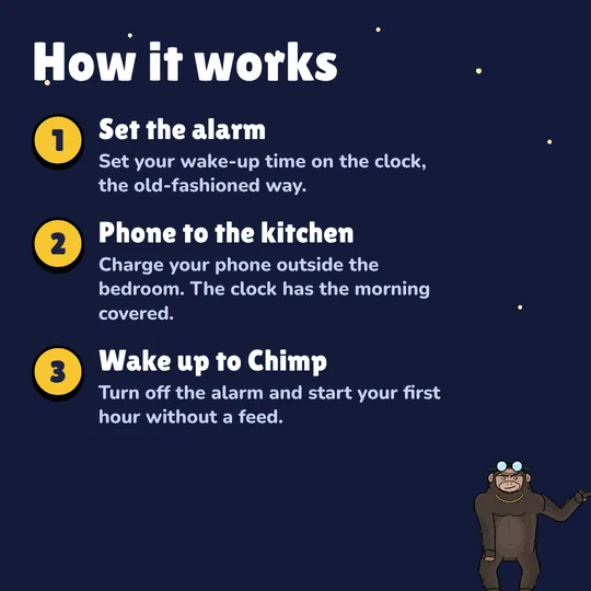 How it works: Set the alarm. Set your wake-up time on the clock, the old-fashioned way. Phone to the kitchen. Charge your phone outside the bedroom. The clock has the morning covered. Wake up to Chimp. Turn off the alarm and start your first hour without a feed.
