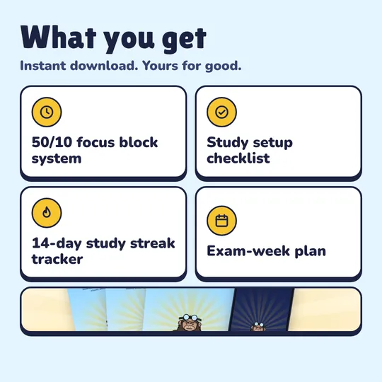 What you get with Study Lock-In Kit: 50/10 focus block system, Study setup checklist, 14-day study streak tracker, Exam-week plan.