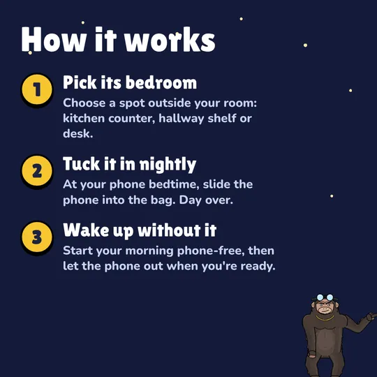 How it works: Pick its bedroom. Choose a spot outside your room: kitchen counter, hallway shelf or desk. Tuck it in nightly. At your phone bedtime, slide the phone into the bag. Day over. Wake up without it. Start your morning phone-free, then let the phone out when you're ready.