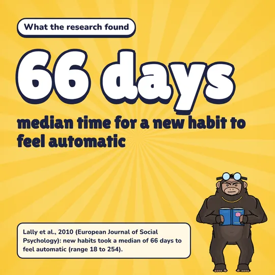 The research: 66 days median time for a new habit to feel automatic. Source: Lally et al., 2010 (European Journal of Social Psychology): new habits took a median of 66 days to feel automatic (range 18 to 254).