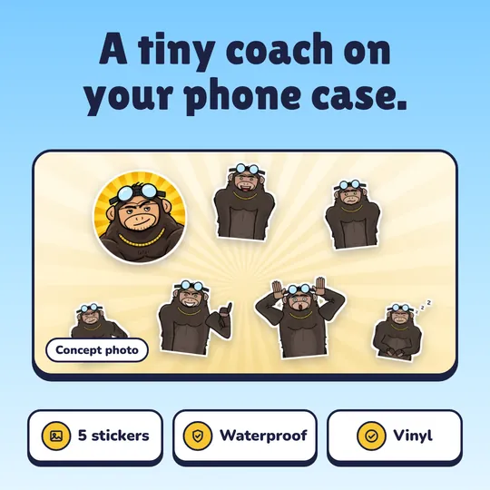 A tiny coach on your phone case. Chimp Sticker Pack: 5 stickers, Waterproof, Vinyl.