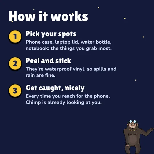 How it works: Pick your spots. Phone case, laptop lid, water bottle, notebook: the things you grab most. Peel and stick. They're waterproof vinyl, so spills and rain are fine. Get caught, nicely. Every time you reach for the phone, Chimp is already looking at you.