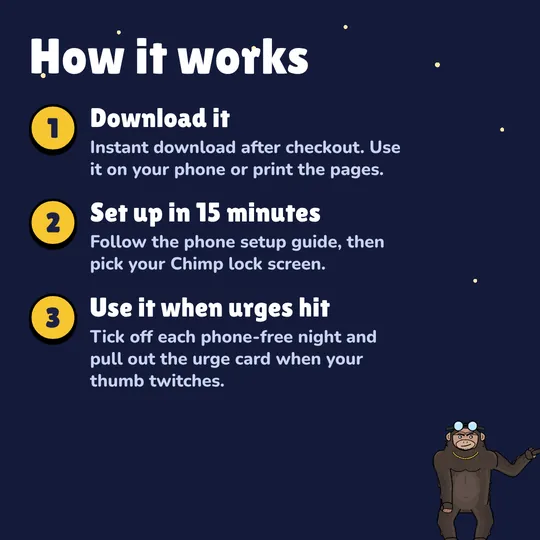 How it works: Download it. Instant download after checkout. Use it on your phone or print the pages. Set up in 15 minutes. Follow the phone setup guide, then pick your Chimp lock screen. Use it when urges hit. Tick off each phone-free night and pull out the urge card when your thumb twitches.